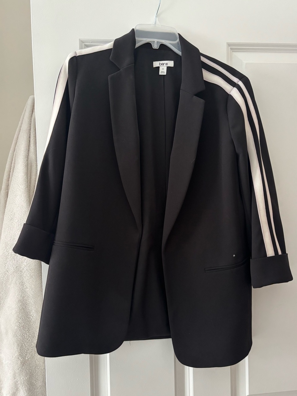 Bar III black blazer with white striped arm